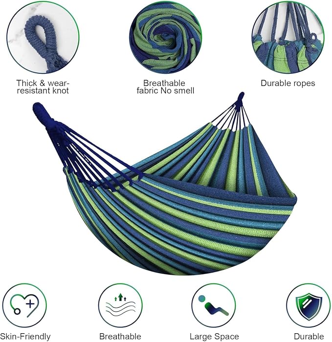 Portable Swing Cotton Stripe with Strong Hammocks Rope Beach Sleeping Bed Backpack Spreader Bar Tree Hanging for Travel Garden Striped Ultralight Outdoor Jula Camping Hammock (Multicolor)-Set 1