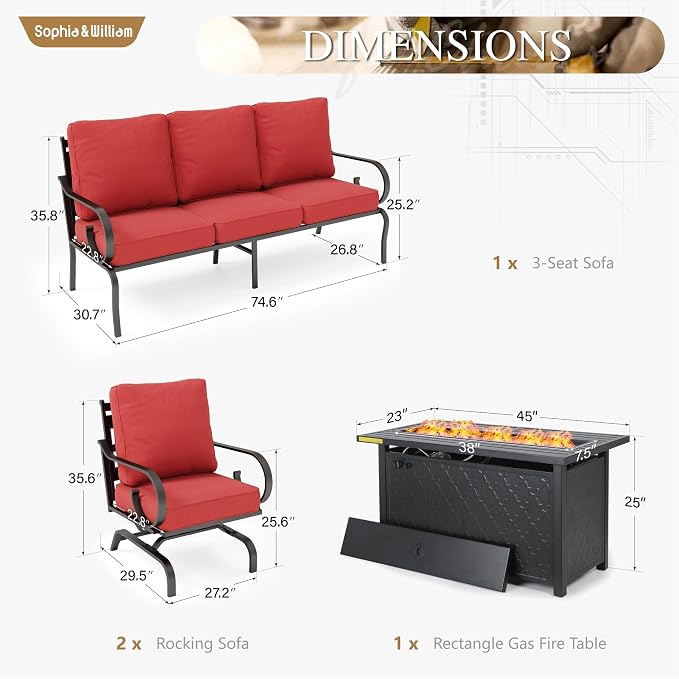 Sophia & William Patio Conversation Set for 5, 3-Seater Sofa, 2 Rocking Chairs and a 45" Fire Pit Table, Metal Outdoor Furniture with 5.75" Extra Thick Cushions, Red