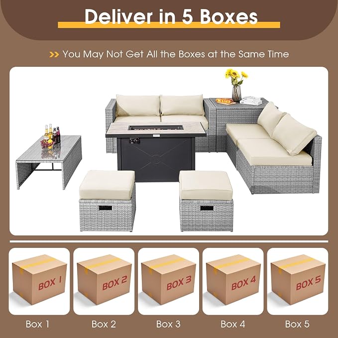 Tangkula 9 PCS Patio Furniture Set with 42” 60,000 BTU Fire Pit, Outdoor Space-Saving Sectional Sofa Set with Storage Box, Waterproof Covers Included