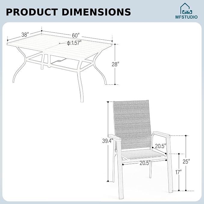 MFSTUDIO 7 PCS Patio Dining Set with 6 Stacking Aluminum Armchair(Beige) and 1 Rectangular Heavy Duty Table