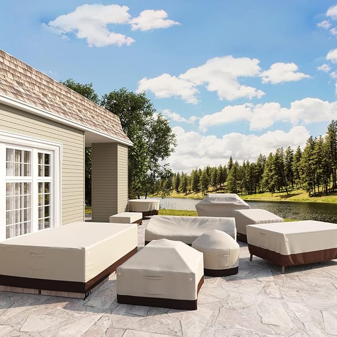Tuyeho Round Patio Furniture Cover, Durable Oxford Fabric for Outdoor Round Table, Waterproof, UV & Rip Resistant Patio Table and Chairs Set Cover, 48"DIA x 26"H Beige & Brown
