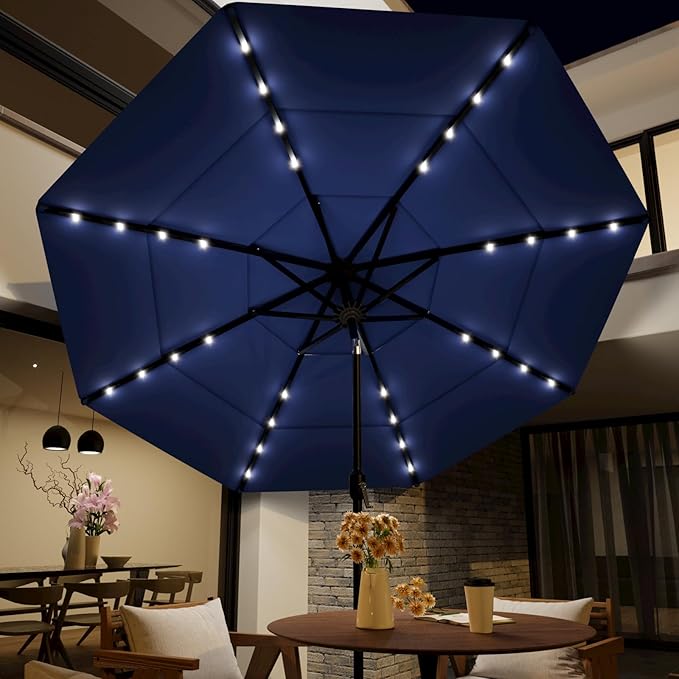HOMPUS 9FT/10FT/11FT 3 Tiers Solar LED Patio Umbrella for Outside, Outdoor Market Umbrella with Push Button Tilt, 40 LEDs, Sun Shade for for Backyard, Deck, Garden