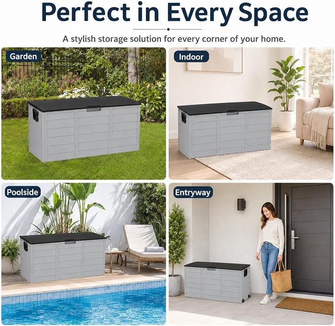75 Gallon Resin Deck Box, Waterproof Outdoor Storage Box with Wheels, Lockable Lid and Handles, Large Deck Storage for Outdoor Gear, Patio Furniture Cushion, Gardening Tools, Black