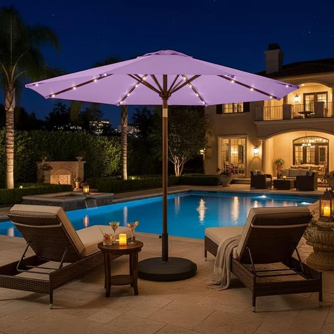 9' Solar LED Patio Umbrella with Tilt & Crank|8 Sturdy Ribs,UV Protection,Outdoor Market Table Umbrella for Deck,Lawn,Pool,Backyard(Taro Purple)