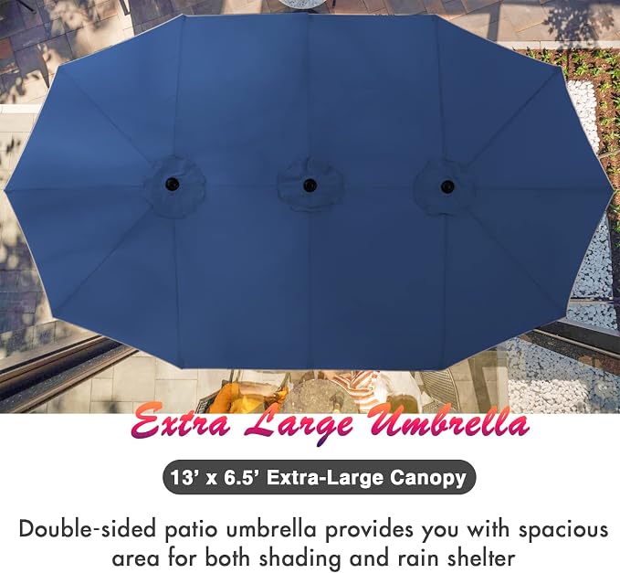 PHI VILLA 7pc Patio Dining Set w/Umbrella, Rectangular Table, Rattan Chairs | Outdoor Dining Set for 6, 60" Metal Table & 6 Cushioned Rattan Chairs with Navy Blue Umbrella for Outdoor, Deck, Yard, Porch