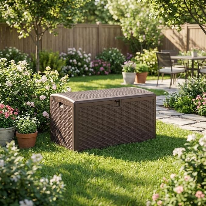 73 Gallon Waterproof Large Resin Deck Box Indoor Outdoor, Lockable Storage Container for Patio Furniture Cushions, Throw Pillows, Garden Tools, and Pool Floats, Brown
