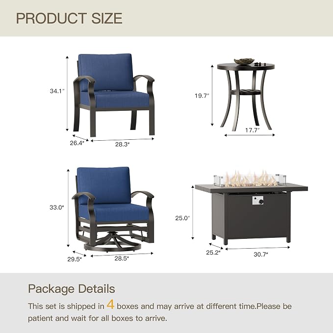 Aluminum Patio Furniture Set with Propane Fire Pit Table,4 Seats Metal Modern Outdoor Furniture w/5.1" Cushions,Patio Sectional w/Swivel Chairs for Patio,Backyard,NavyBlue