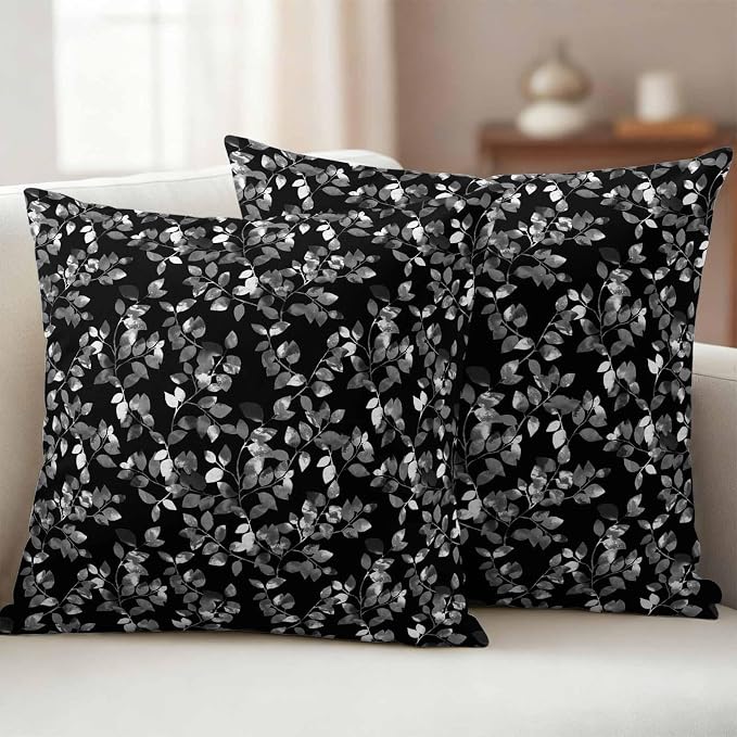 Black Botanical Outdoor Pillow Covers 18x18 Inch Throw Pillow Covers Set of 2 Waterproof Decorative Pillow Cases Pastoral Spring Floral Classic Black Cushion Covers for Patio Furniture Garden Couch