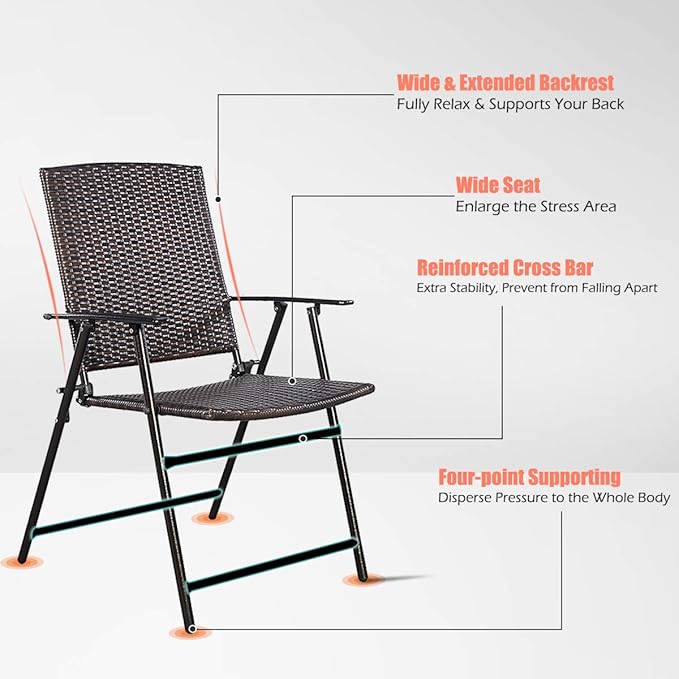 S AFSTAR 5 Pieces Patio Dining Set, 4 Folding Chairs with Table, Portable Wicker Chairs Furniture Set for Outdoor Garden Backyard (4 Chairs w/ 28''H Classic Round Table)