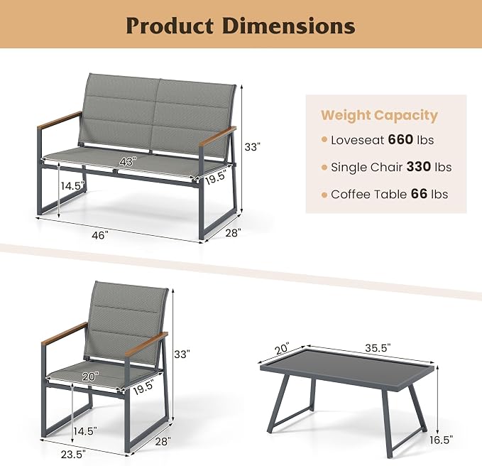 HAPPYGRILL 4-Piece Patio Furniture Set, Modern Sectional Sofa Set w/Fabric Seats, Wood-Plastic Armrests, Tempered Glass Coffee Table, Outdoor Conversation Set for Backyard Balcony Garden Porch (2)