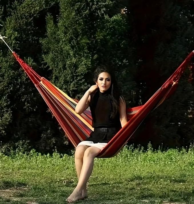 Canvas Hammock, Anti-Rollover Design, Tree Straps Included, Portable Swing for 1-2 Person, Red Striped