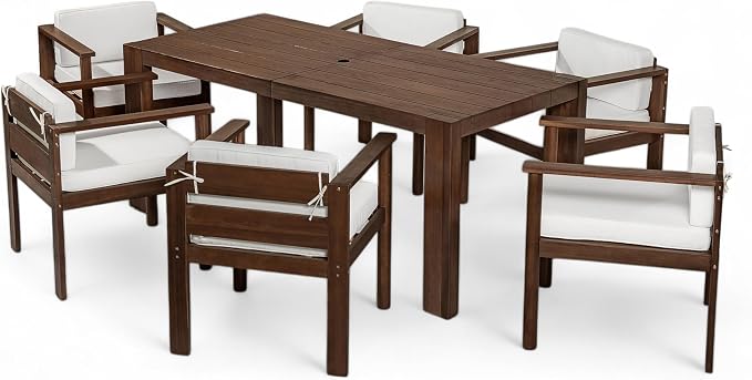 7-Piece Patio Dining Table Set for 6, Outdoor Furniture Sets with 71" Rectangle Table and Removable Cushions for Backyard, Garden, Poolside Deck (Beige+Mocha)