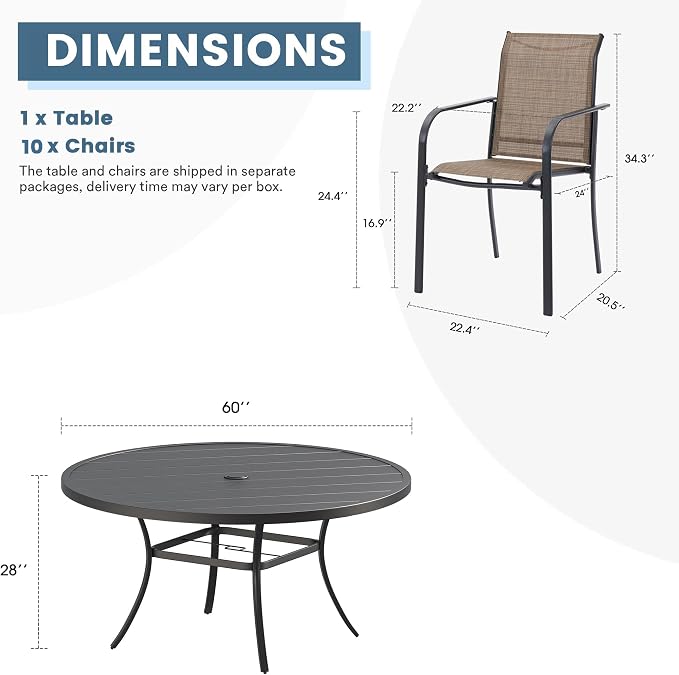DIFY 11 Pieces Outdoor Patio Dining Set for 10, 60" Black Round Metal Dining Table and 10 Brown Stackable Sling Dining Chairs, Outdoor Table and Chairs for Lawn Garden Backyard Deck