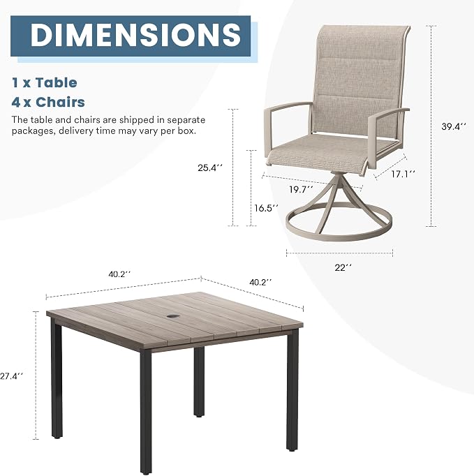 DIFY 5 Piece Outdoor Patio Dining Set for 4, 40.2" Grey Wood-Like Square Metal Dining Table & Swivel Patio Chairs with Sandshell Padded Textilene, All-Weather Outdoor Furniture Set for Garden Backyard