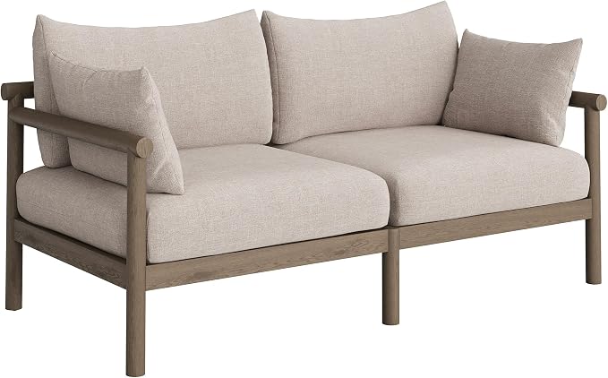 Modway Eleni 5-Piece Outdoor Teak Wood Patio Furniture Set in Weathered Gray Pebble – Backyard Conversation Set with Loveseat, 2 Armchairs, Side Table, and Coffee Table