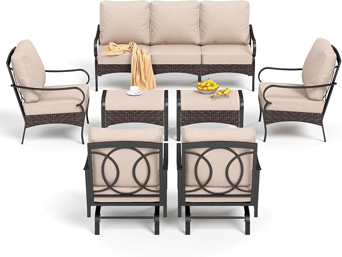 PHI VILLA Extra Large Outdoor Modern Patio Furniture Set, Upgraded Wicker & Metal Patio Conversation Set with Waterproof Thick Cushions for Porch, Poolside, Yard