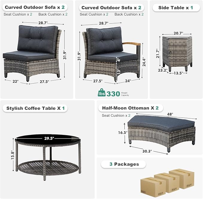 MEISSALIVVE 8-Piece Half-Moon Curved Outdoor Patio Furniture Set, Sectional Conversation Sofa with 2 Half-Moon Ottomans, Coffee & Side Tables for Backyard Deck Garden, Grey