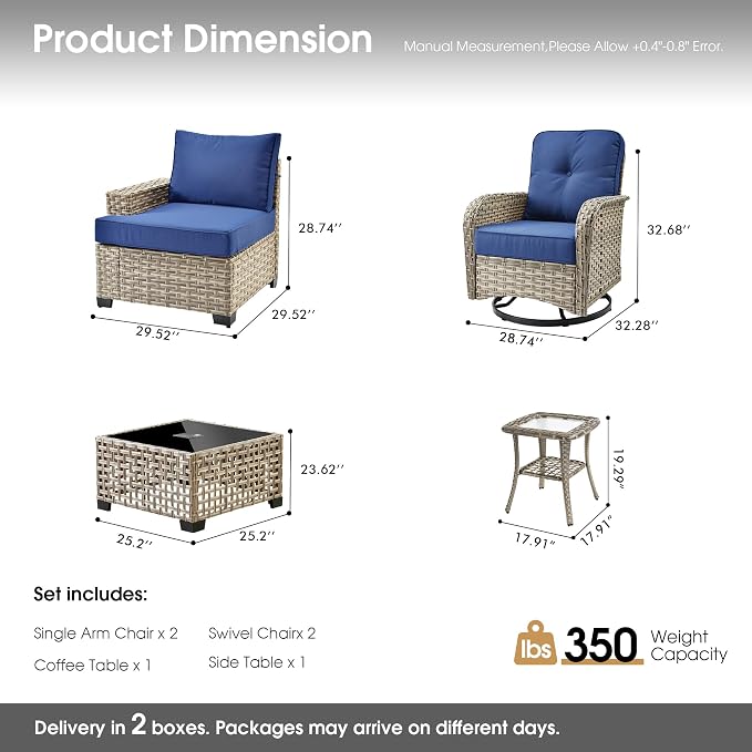 Rattan Patio Furniture Set with Swivel Chairs,6 Pieces Outdoor Sectional with Glowing Coffee Table,Out Door Furniture Conversation Set,Navy Blue