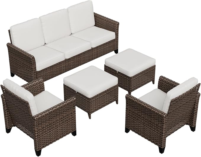 COOS BAY Harbor Retreat 5 Piece Outdoor Furniture Set, Patio Conversation Set with Patio Chairs, 3 Seat Couch and Ottomans, Wicker Furniture, Brown/Beige