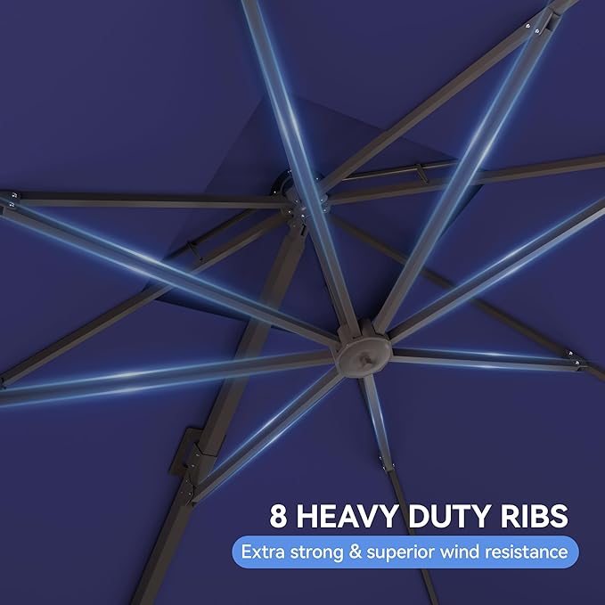 10x10FT Navy Blue Cantilever Outdoor Patio Umbrella with Base, Large Square Offset Design, Double Top Heavy Duty Aluminum Frame & 360° Rotation for Pool Garden Deck Backyard