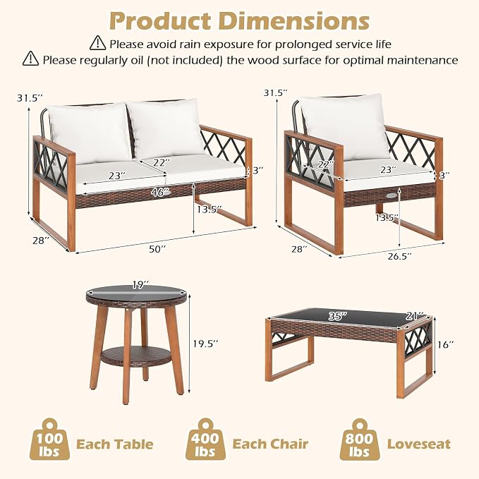 Tangkula 5 Pieces Wicker Patio Conversation Furniture Set, Outdoor Glass Coffee Tables with Acacia Wood Frame and Cushioned Armchairs for Deck, Garden and Backyard