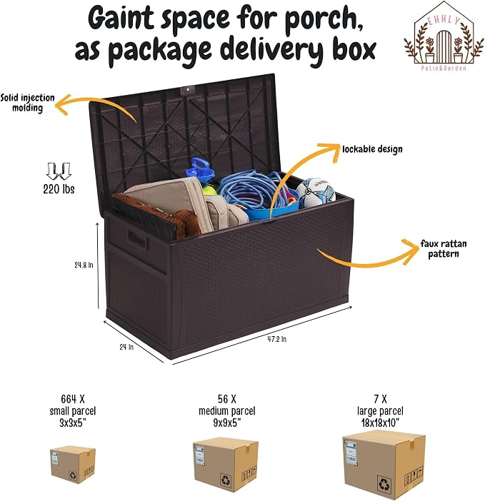 EHHLY 100 Gallon Outdoor Storage Box, Lockable Waterproof Package Delivery Boxes for Outside, Resin Outdoor Storage Deck Box for Garden Tools, Cushions, Pool Supplies, Indoor Outdoor Accessories