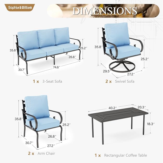 Sophia & William Patio Conversation Set for 7, 3-Seater Sofa, 2 Fixed Chairs, 2 Swivel Chairs and a Coffee Table, Metal Outdoor Furniture with 5.75" Extra Thick Cushions, Blue