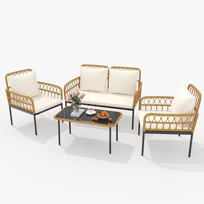 GarveeLife 4 Pieces Patio Furniture Sets Wicker Outdoor Patio Table and Chairs Set with Glass Side Table, Loveseat Chairs, Boho Rattan Conversation Sets for Backyard, Bistro, Apartment, Porch, Beige