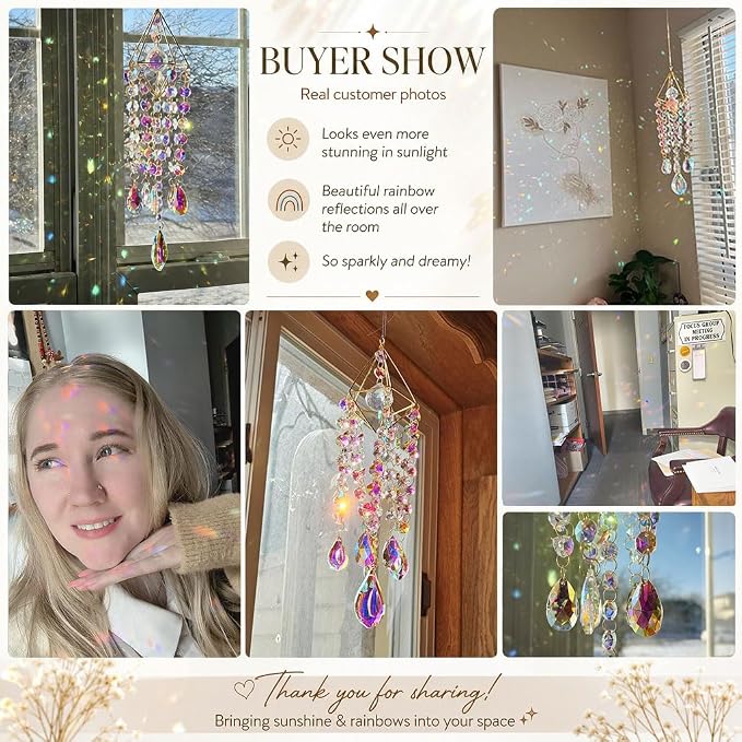 Crystal Suncatcher for Windows Hanging Glass Wind Chimes Whimsical Decor | Hand-plated,Prism Sun Catcher with Crystals,Rainbow Maker for Ceiling Garden Home Indoor Outdoor,Gift For Women