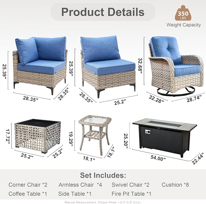 Outdoor Sectional Patio Furniture Set with Fire Pit Table,11 Pieces Rattan Wicker Conversation Sets L Shaped Couch,Out Door Furniture with Swivel Chairs Glowing Coffee Table,Denim Blue