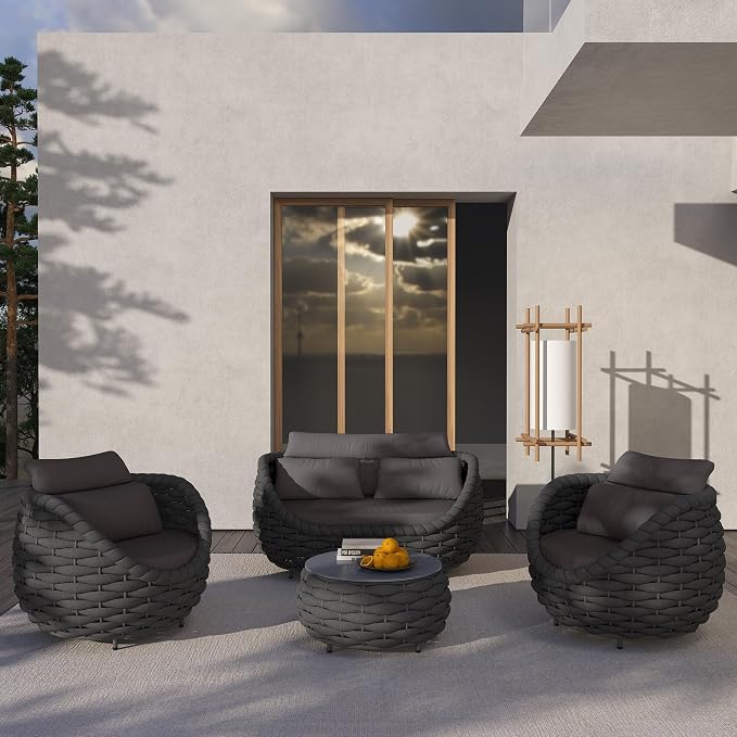 TWT 6-Piece Aluminum Patio Furniture Set, Olefin Rope Modern Outdoor Conversation Set Sectional Sofa with Water Repellent Thick Cushions and Coffee Table for Balcony, Garden, Dark Grey