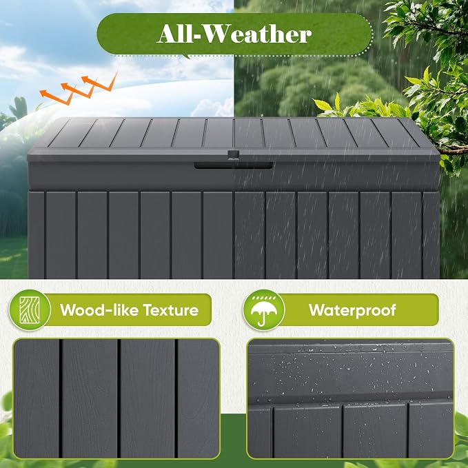 Flamaker Outdoor Storage Box 80 Gallon Resin Waterproof Deck Box Delivery Box with Wood Texture Large Storage Bin for Patio Cushions, (Grey)