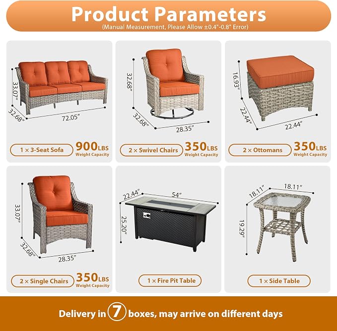 9 PCS Outdoor Patio Furniture Sets,Patio Conversation Sets Outside Rattan Soft Cushion Sofa with 2 Wicker Rocking Chairs & 54 in Fire Pit Table Fit Backyard Garden Poolside Balcony,Coarse Stripes Red