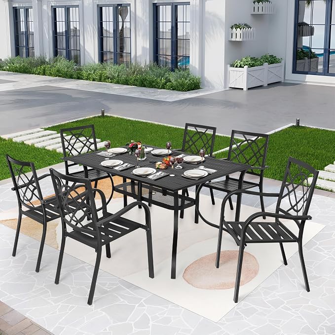 SUNCROWN 8-Piece Outdoor Wrought Iron Chairs and Table Patio Dining Furniture Set - 6 Stackable Metal Chairs, 1 Steel Slat Bistro Table and 1 Brown 9Ft Patio Umbrella for Garden Backyard Deck