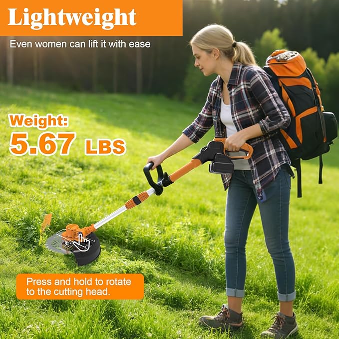 Electric Weed Wacker, Cordless Weed Eater Battery Powered, 5-in-1 String Trimmer Weedeater, 750W Brushless Motor, 2 x 4.0Ah Batteries & Charger, Grass Trimmer/Brush Cutter for Garden Lawn(Orange)