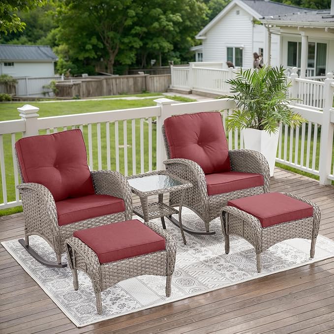 Belord Patio Rocking Chairs Wicker Set - Outdoor Rocking Chairs Set of 2 with Side Table, 3 Piece Patio Rocker Furniture Set with Water-Resistant Cushions for Balcony Porch Backyard