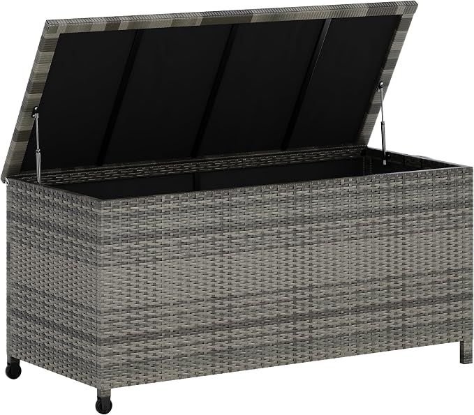 125-Gallon Outdoor Deck Box with Wheels, Waterproof PE Rattan & Aluminum Frame Storage Bin, Lockable Patio Furniture Chest for Cushions, Garden Tools, Pool Toys, Gray