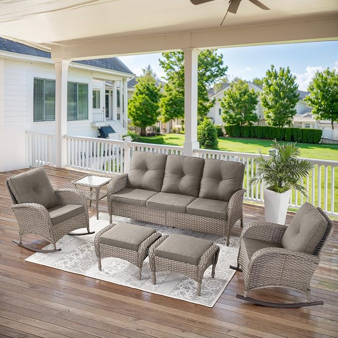 Belord 5 Piece Patio Rocking Chairs Furniture Set - Outdoor Wicker Furniture with Ottomans and Side Table, Rattan Conversation Bistro Set for Balcony Deck Porch