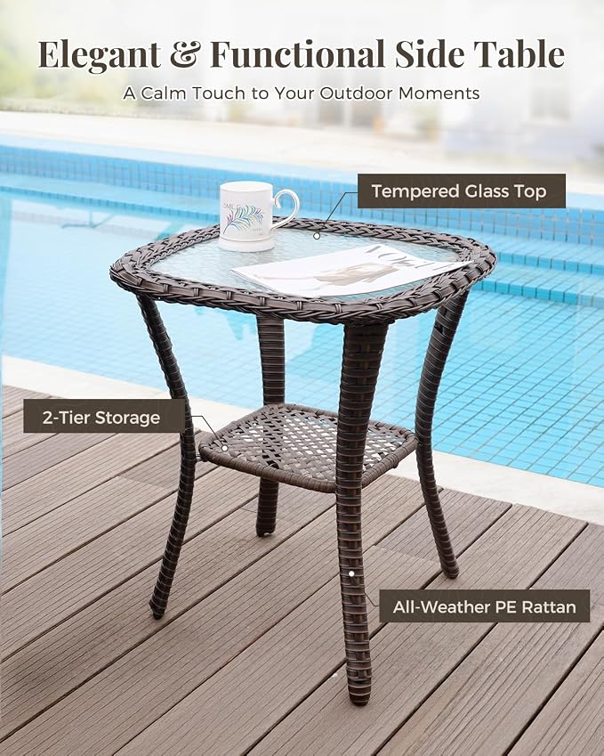 Patio Furniture Set 3 Pieces Luxury Outdoor Bistro with Swivel Rocker Chairs and Side Table, Easy Assembly Conversation Set for Porch Deck Balcony Yard in Brown Wicker and Blue Cushions