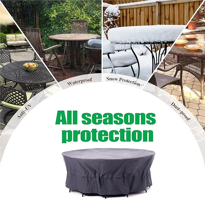 F&J Outdoors Patio Furniture Covers, Heavy Duty Tear Resistant Waterproof UV Resistant Windproof Large Furniture Cover, Grey, 110" Dia x 33" H