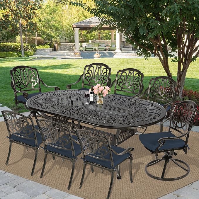 MEETWARM 9-Piece Outdoor Patio Dining Set, All-Weather Cast Aluminum Patio Conversation Set with 2 Swivel Rocker Chairs, 6 Stationary, 1 Oval Table, 8 Cushions, 2" Umbrella Hole, Navy Blue