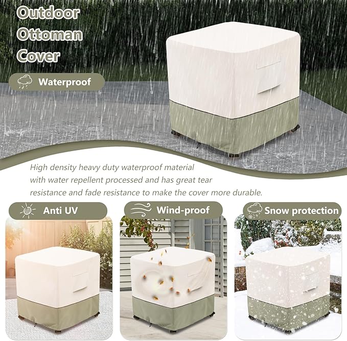 Bitubi Waterproof Patio Ottoman Cover, Heavy Duty Square Outdoor Side Table Furniture Covers Size 25L x 25W x 18H inch (Beige)