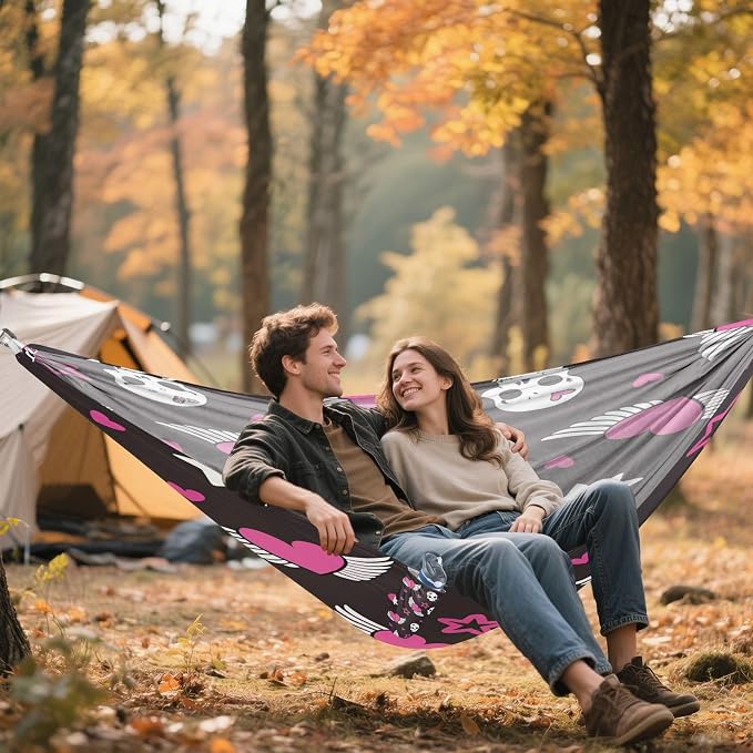 Skull Pink Heart Wings Star Camping Hammock, Portable Lightweight Single Hammock with Tree Straps and Aluminum Carabiners, 114" x 54" Travel Hammock for Hiking Backpacking Beach