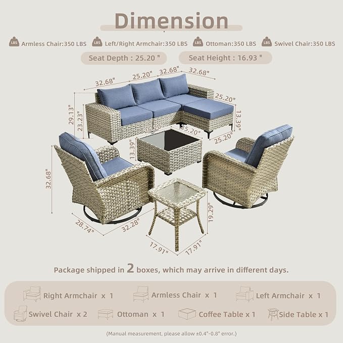 Outdoor Sectional Patio Furniture Set with Rocker Chairs,7 Pieces Wicker Conversation Sets L Shaped Couch,Extra Deep Out Door Sofa Outside Furniture,Blue