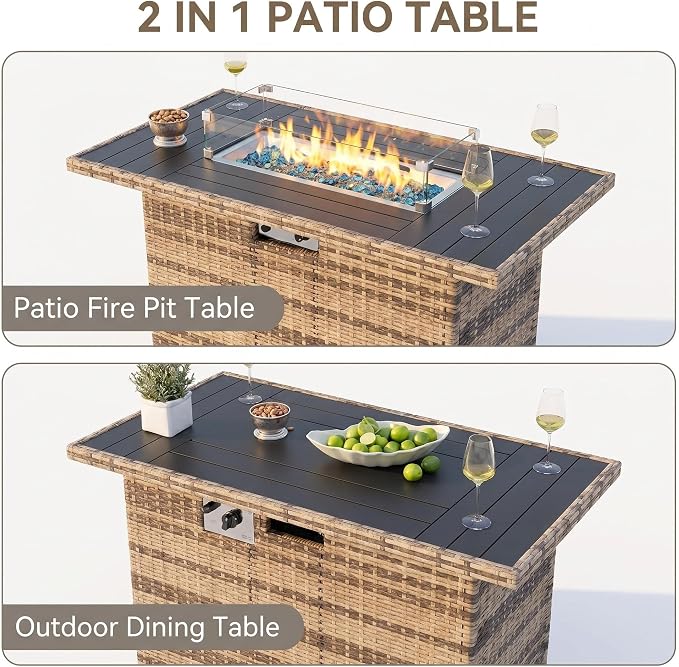 UDPATIO Patio Furniture Set with Fire Pit Table, L-Shaped 8" Armrest Sectional Set, All-Weather PE Rattan Conversation Furniture w Thick Cushions, Coffee Table for Outdoor Backyard Porch Black