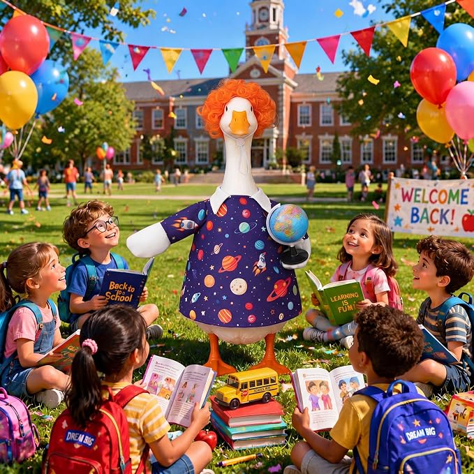 Outus Back to School Porch Goose Outfits Includes Galaxy Print Dress Orange Wig and Globe Prop First Day of School Classroom Goose Clothing for Outdoor Garden Yard Patio Lawn 23" Statue
