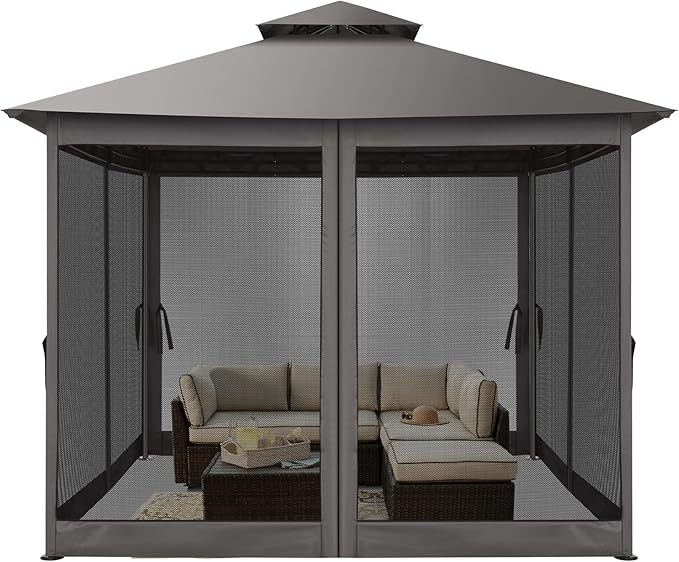 HOTEEL 10'x10' Outdoor Gazebo para Patio on Clearance with Netting, Waterproof Canopy Tent with Heavy Duty Steel Frame, High Wind-Resistant Shelter for Backyard, Deck (2025 Upgraded)