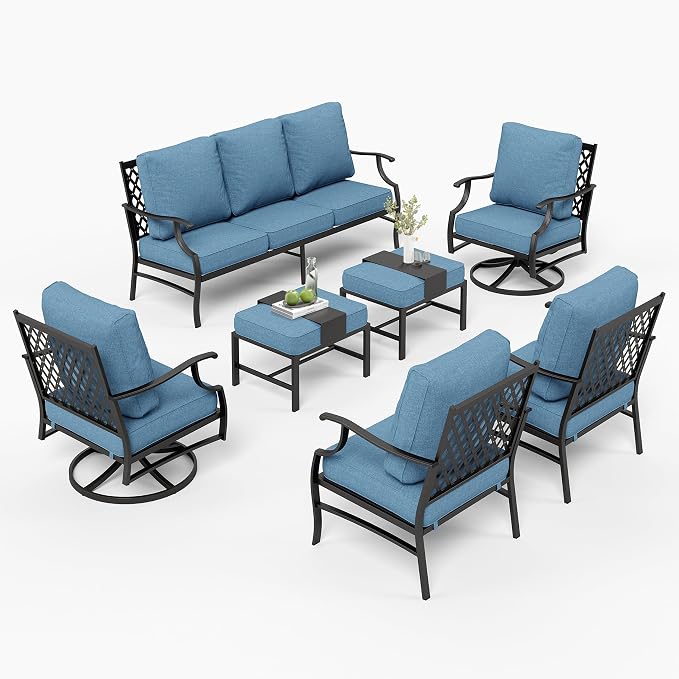 MIXPATIO Patio Furniture Set 7 pcs, Outdoor Patio Furniture, 3-Seat Sofa, 2 Single Chairs, 2 Swivel Chairs, 2 Ottomans and 5.75" Extra Thick Cushion, Conversation Set for Deck,Navy Blue