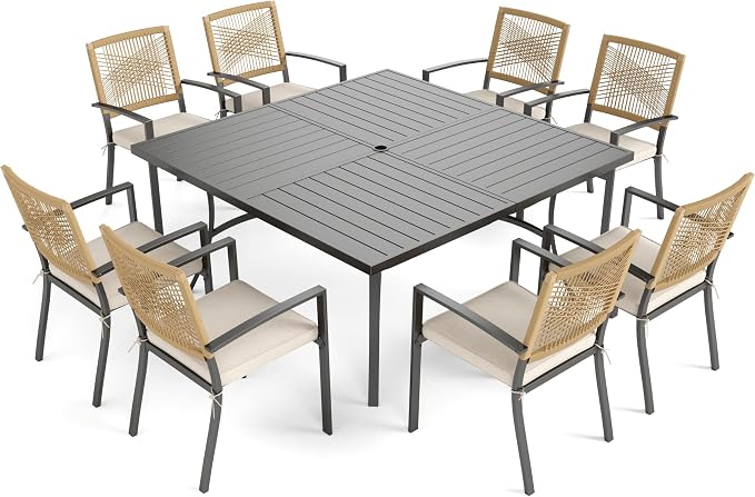 PHI VILLA 9pc Patio Dining Set, 57" Square Table, Wicker Chairs | Outdoor Dining Set for 8, Square Patio Dining Table Set with Patio Wicker Chairs for Garden, Porch, Backyard, Deck