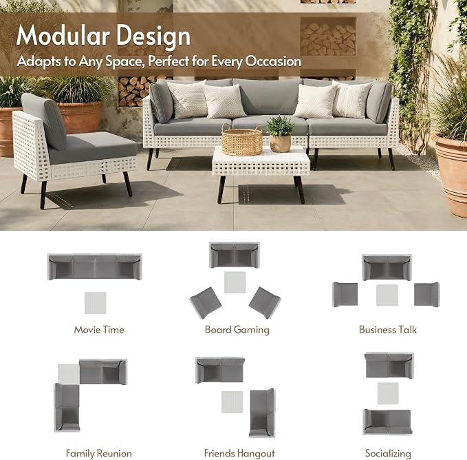 5 Piece Patio Furniture Sets, Modular Patio Sectional Conversation Sets with Upgraded Cationic Fabric Cushions & Outdoor All-Weather Handwoven Open Weave Wicker for Garden, Poolside, Backyard